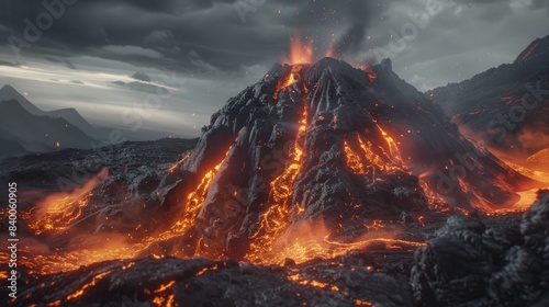 Volcano eruption night landscape. Fantasy landscape with burning lava. 3D illustration.