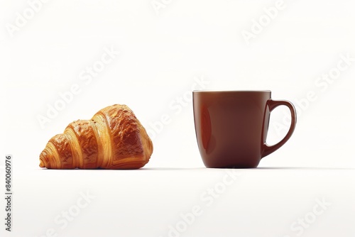 Croissant and a brown coffee cup on a white background, a simple and classic breakfast option