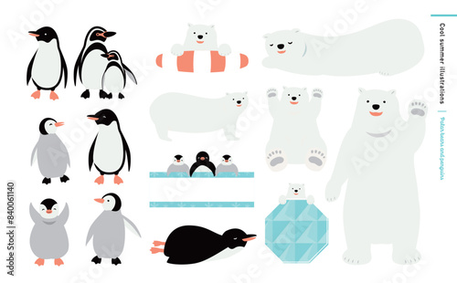 かわいいペンギンと白くまの夏のベクターイラスト素材セット