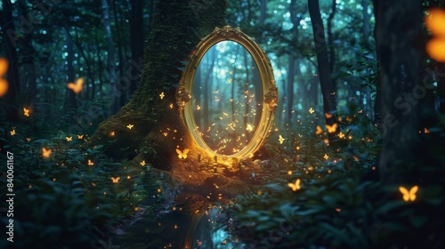 Fantasy forest of night with a magical mystery mirror  a portal to another world. 3D illustration.