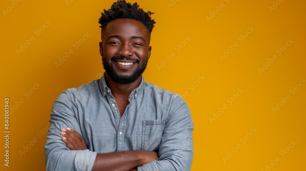 Isolated, smiling rich man with arms crossed posing for portrait with ...