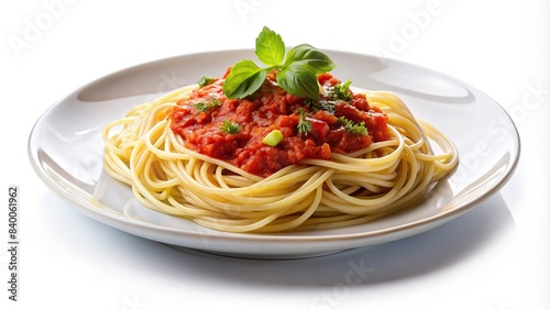 Italian spaghetti with sauce on white plate isolated on white background, spaghetti, Italian, pasta, food, cuisine, tomato sauce, delicious, gourmet, meal, plate, isolated