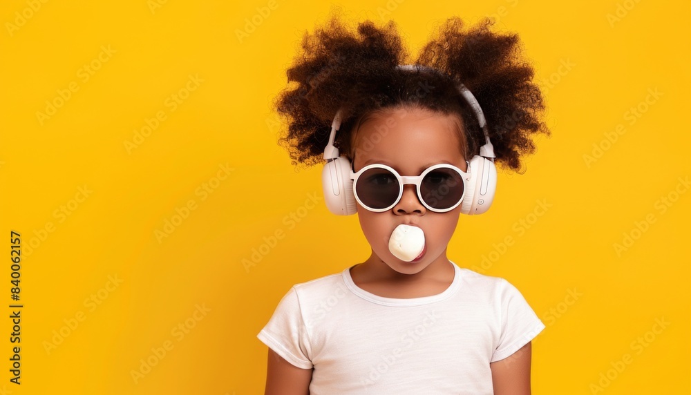 Sassy Style: Young Afro-American Girl Rocking Headphones and Sunglasses While Chewing Gum on Yellow Sassy Style: Young Afro-American Girl Rocking Headphones and Sunglasses While Chewing Gum on Yellow