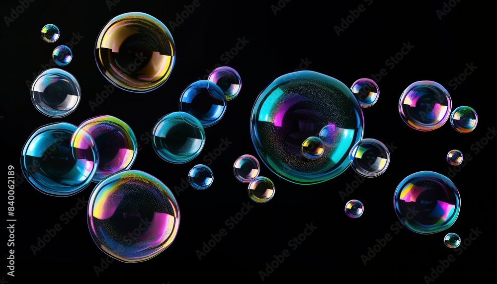 Rainbow-Colored Soap Bubbles: Abstract and Foamy Illustration on Black Background Rainbow-Colored Soap Bubbles: Abstract and Foamy Illustration on Black Background