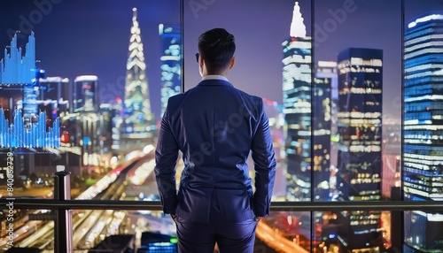 A businessman standing and overlooking a cityscape at night, with financial graphs and data overlays. The scene combines the urban environment with financial analytics.