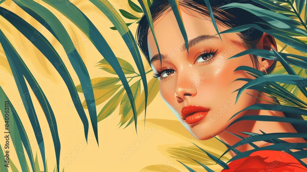 Fototapeta premium WOMAN PORTRAIT AND TROPICAL LEAF