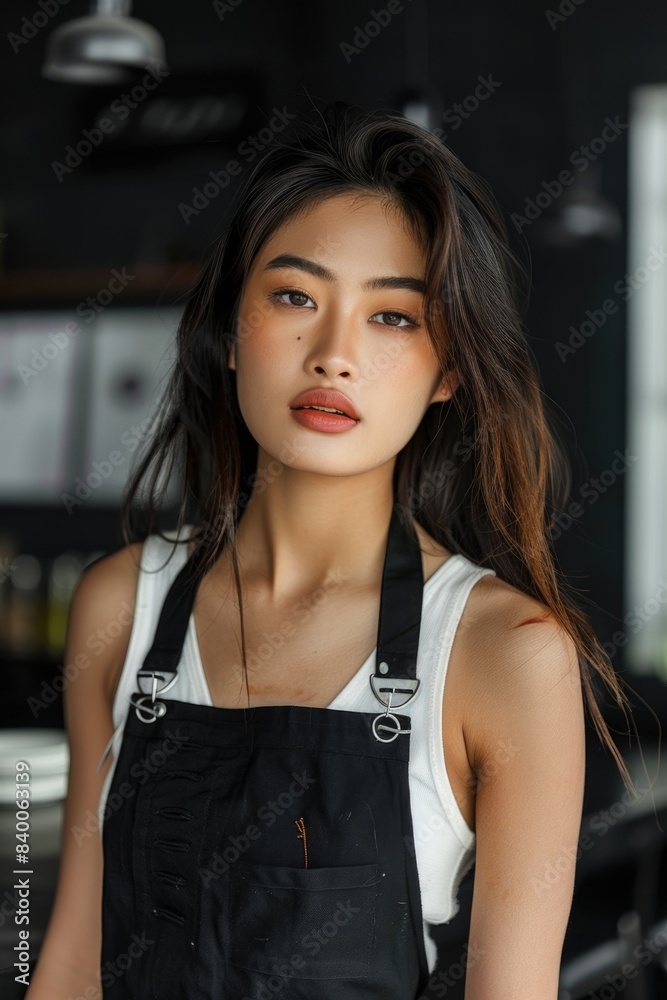 Confident Asian Woman in Apron Standing in Modern Kitchen Confident Asian Woman in Apron Standing in Modern Kitchen
