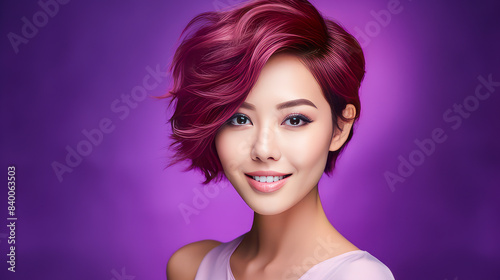 Portrait of a beautiful, sexy, smiling, happy Asian woman with short red hair and perfect skin, purple background, banner. © ALA
