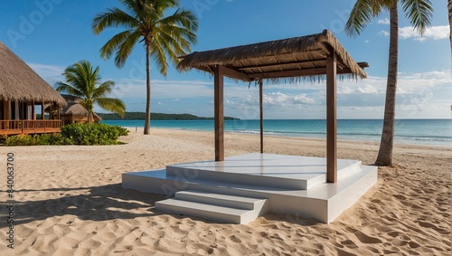 Empty podium gazebo for display and installation of product in In the tropical beach and sea, travel, vacation by the ocean, summer. The wedding arch