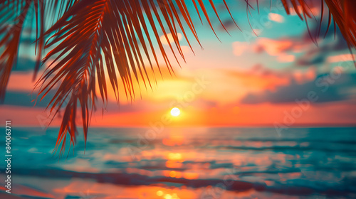 Summer vacation defocused background blurred sunset over the ocean and palm leaves frame banner  © KEA