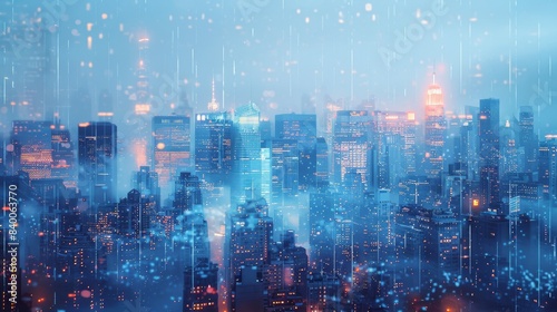 Double exposure of buildings and skyscrapers in a modern metropolis, along with a social connection concept, the internet of things, and satellite navigation systems