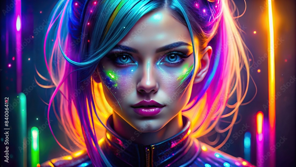 Futuristic portrait of a woman with glowing neon hair and cyberpunk ...