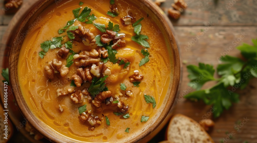 Pumpkin soup garnished with walnuts and herbs in a ceramic bowl surrounded by autumn decor. Pumpkin soup garnished with walnuts and herbs in a ceramic bowl surrounded by autumn decor.