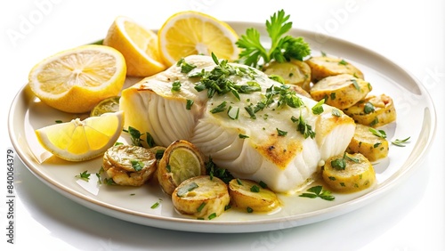 Roasted cod, codfish with baked potatoes and artichokes with lemon and herbs sauce on a white background , cod, seafood, food, meal, gourmet, delicious, dinner, cuisine, healthy