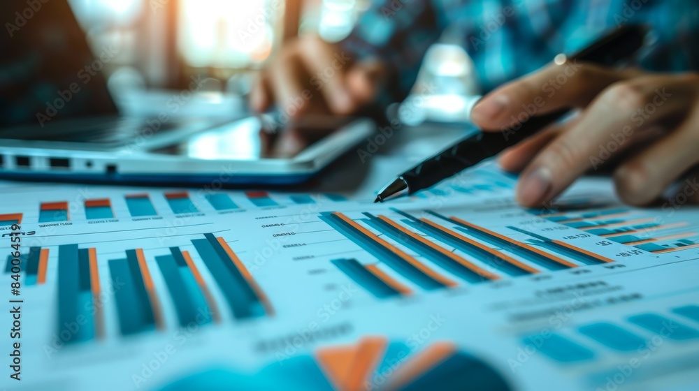 An employee from the finance department is reviewing the company's financial records as they go over the department's monthly financial statement summary.