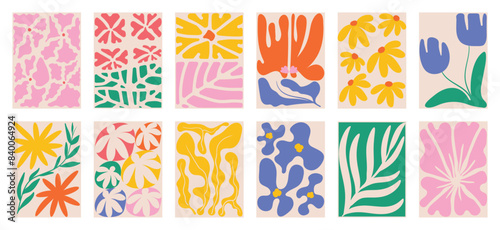 Botanical doodle background art vector set. Flower and leaves abstract shape doodle art design for print, wallpaper, clipart, wall art for home decoration.