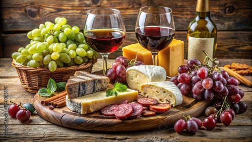 A rustic spread of wine, grapes, cheese, and sausage on a wooden table , wine, grapes, cheese, sausage, rustic, spread, food, appetizers, pairing, charcuterie, winery, vineyard, gourmet