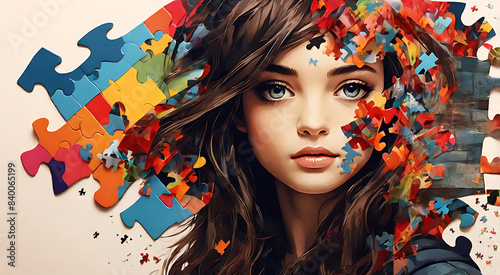 A close up portrait of a girl's image with puzzle pieces and facial collage with many colorful elements with copy space, puzzle pieces image, background, illustration, abstract  © Prateek
