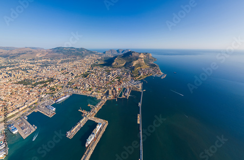 Palermo, Sicily, Italy. City port with ships and cruise ships. Sunny summer day. Aerial view photo