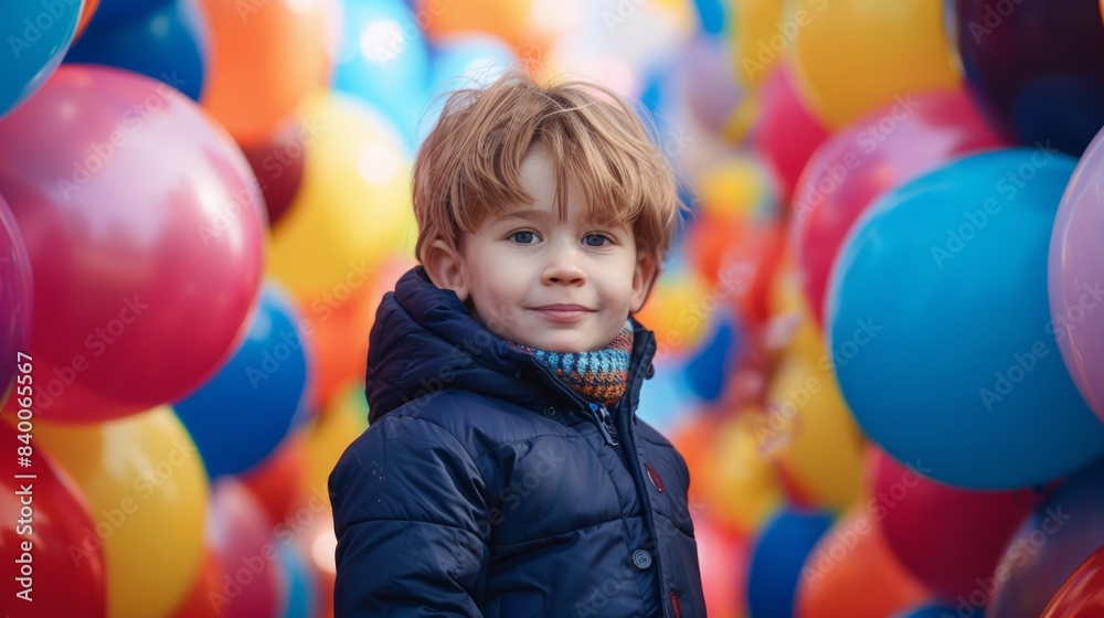 A boy in a navy blue jacket on backdrop of colorful balloons A boy in a navy blue jacket on backdrop of colorful balloons