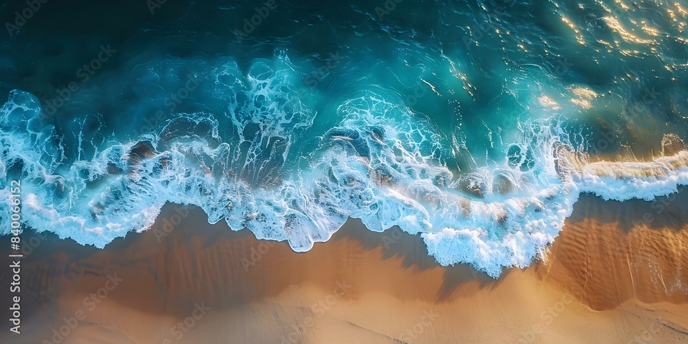 Stunning aerial drone shot of serene beach with sunlight waves and sand. Concept Aerial Photography, Beach Landscapes, Drone Shots, Natural Light, Scenic Views Stunning aerial drone shot of serene beach with sunlight waves and sand. Concept Aerial Photography, Beach Landscapes, Drone Shots, Natural Light, Scenic Views