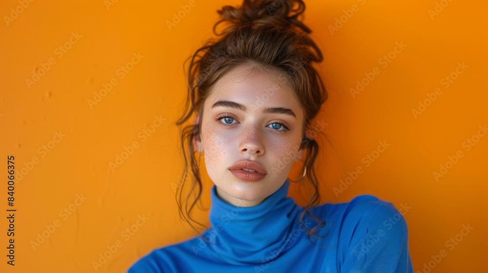 A person dressed in blue attire on a background of orange A person dressed in blue attire on a background of orange