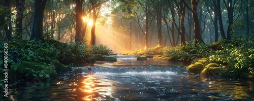 a beautiful stream in the morning light in a summer forest photo