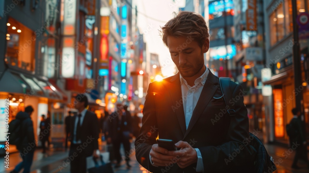 Messages on a cellphone are viewed by a businessman walking downtown in a modern city Messages on a cellphone are viewed by a businessman walking downtown in a modern city