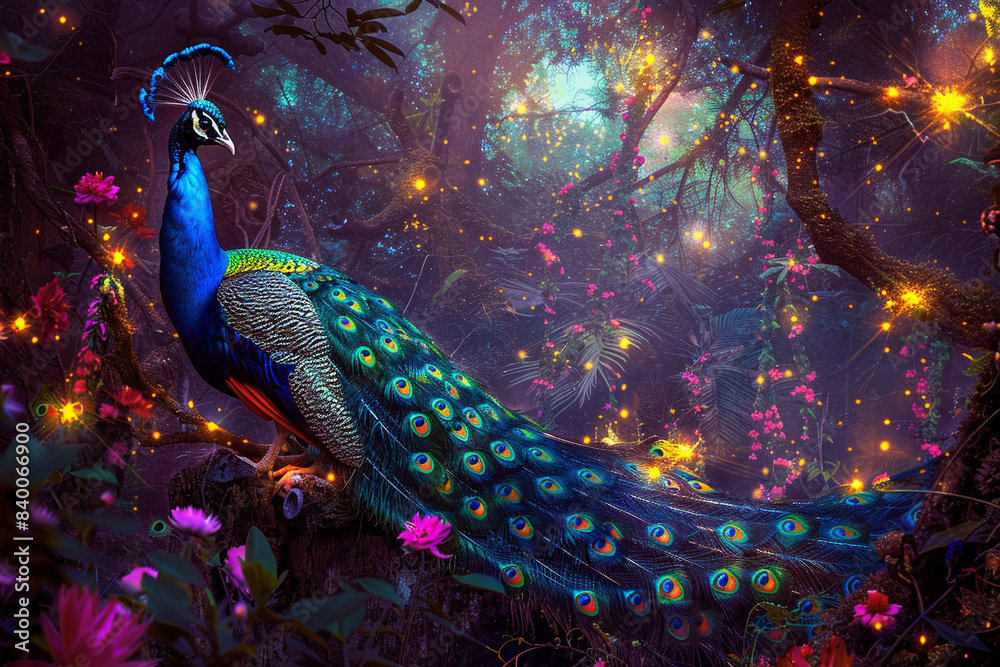 Fototapeta premium Peacock with fanned tail.
