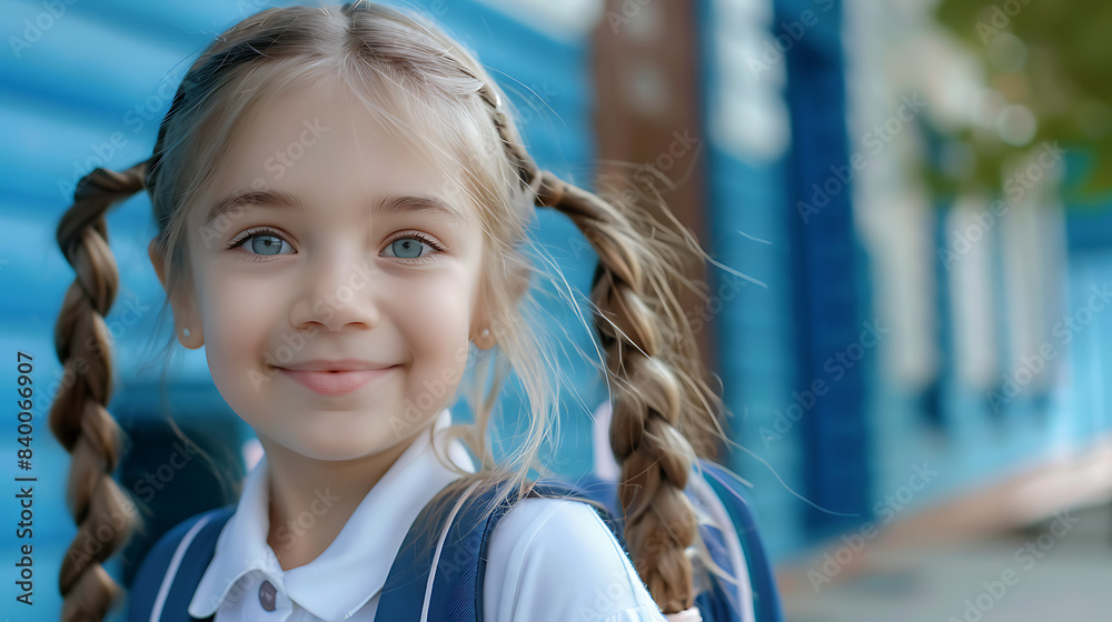 Obraz premium Little girl in a school uniform with a school bag on her back