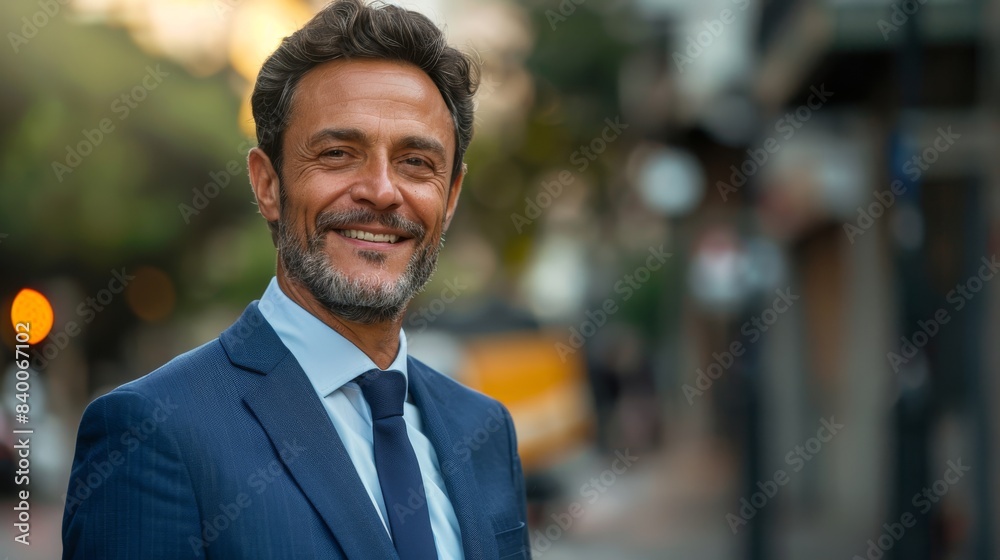Naklejka premium A smile, portrait, and business man in a city for business, mindset, and corporate. A CEO, manager, and mission statement.