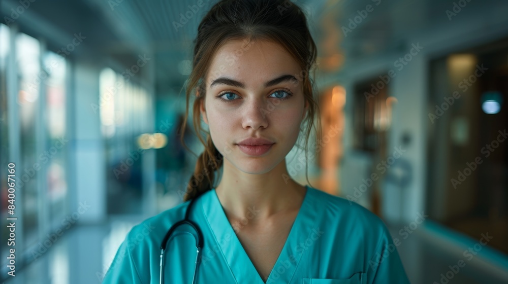 Health is fundamental to me. A young nurse stands in a hospital.