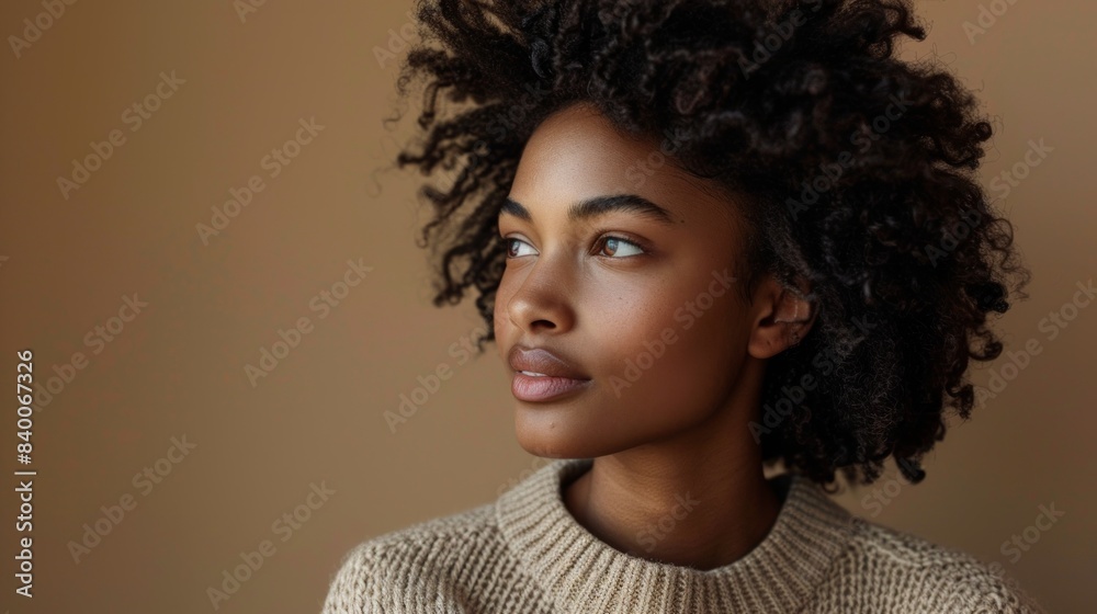 An individual in a beige sweater against a background of taupe An individual in a beige sweater against a background of taupe