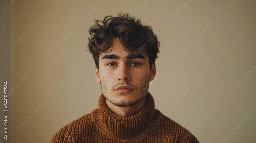 Obraz premium A person in a chocolate brown sweater against a beige wall