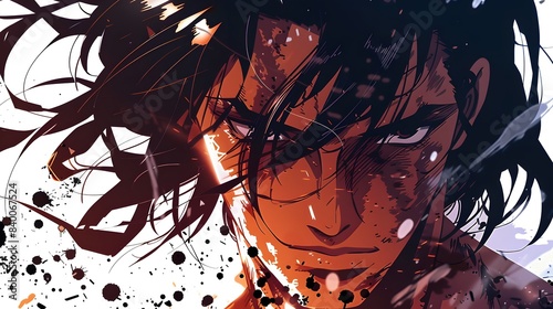 A dynamic anime illustration showcasing a man with a fierce expression, his intensity palpable against a pristine white background, Generative AI