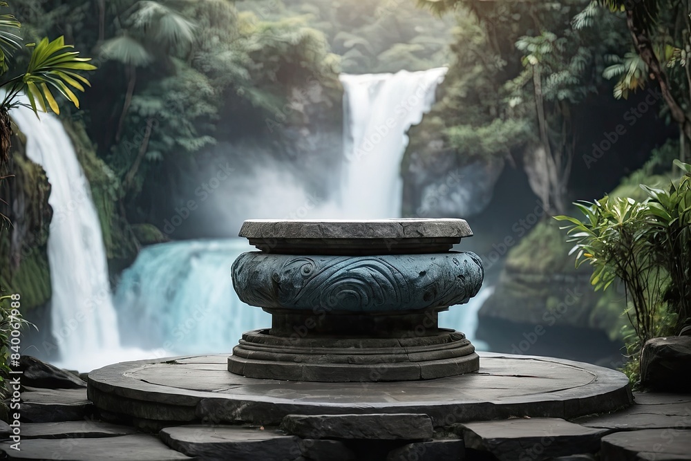 Empty stone podium for display and installation of product in In the tropical waterfalls and sunlight, travel, hiking, trekking, summer, freshness. Empty stone podium for display and installation of product in In the tropical waterfalls and sunlight, travel, hiking, trekking, summer, freshness.