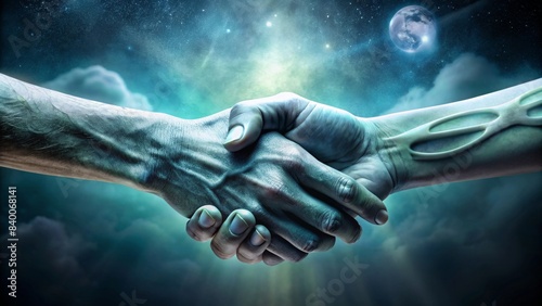 Two alien hands clasping each other in a handshake gesture , handshake, greeting, extraterrestrial photo
