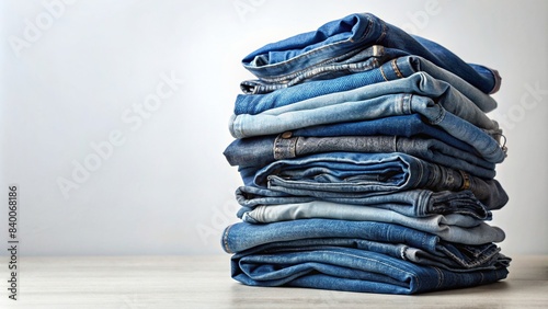 A stack of denim jeans on a simple background, denim, jeans, pants, fashion, clothing, blue, stack, casual, style, wardrobe, textile, apparel, trendy, indigo, fabric, folded, outfit, shopping