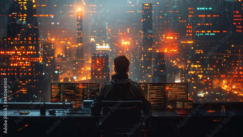 Developers in a futuristic office, coding with holographic screens, cyberpunk style Developers in a futuristic office, coding with holographic screens, cyberpunk style