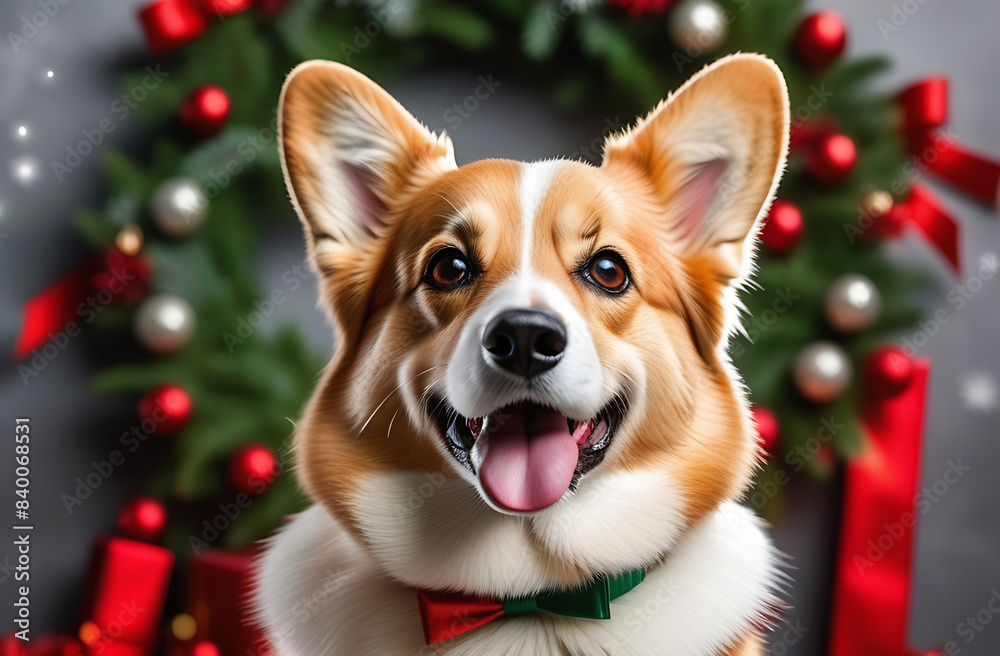 A happy corgi on the background of a Christmas wreath. The concept of Christmas and New Year A happy corgi on the background of a Christmas wreath. The concept of Christmas and New Year