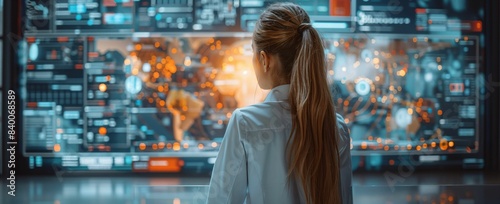 Office workers using AI-powered analytics, clean and futuristic setting photo