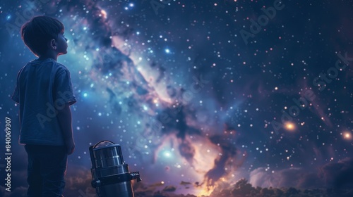 Young boy looking at galaxies and constellations during a night of stargazing.