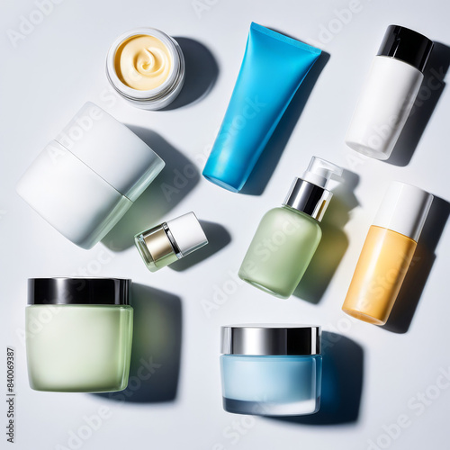 Top view of assorted unbranded cosmetic packaging on light background. Skin care cosmetics mockups