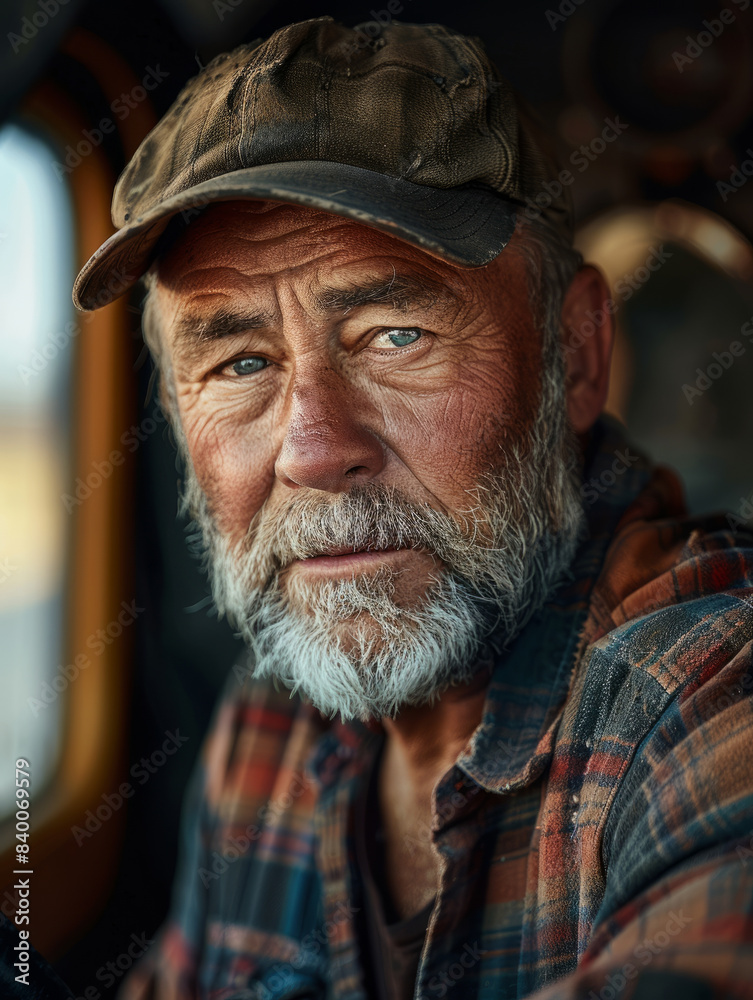 Elderly man with beard wearing a cap and plaid shirt, serious look. Elderly man with beard wearing a cap and plaid shirt, serious look.