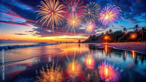 Vibrant fireworks illuminating a calm beach at night, casting a beautiful reflection on the ocean water, fireworks, night sky, beach, reflection, ocean, serene, shoreline, colorful