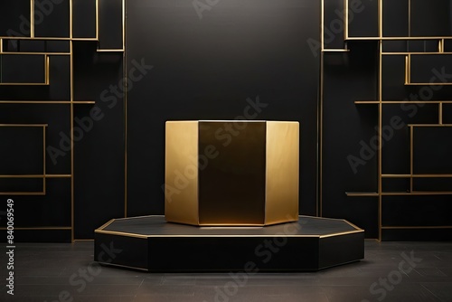 Wallpaper Mural Empty black and gold geometric podium for the demonstration and installation of a product, cosmetics on a solid background, the indoor wall, Black friday, minimalism.  Torontodigital.ca