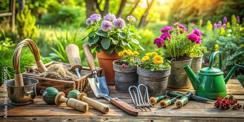 Outdoor gardening tools arranged on rustic wooden table , gardening, tools, outdoor, wooden, table, shovel, rake, trowel, pruners, shears, gardening gloves, plants, flowers photo
