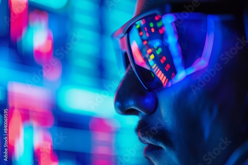 Close-up of person wearing glasses reflecting colorful neon lights, representing technology, innovation, and modern digital era. photo