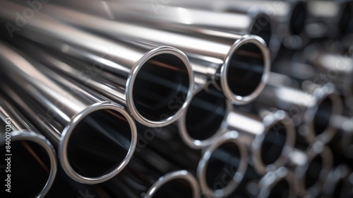 A stack of stainless steel pipes in the background, a backdrop concept for the metallurgical industry