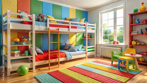 Colorful and playful kids bedroom interior with bunk beds  toys  and bookshelves   children  room  interior design  decor  bunk beds  toys  playroom  colorful  cozy  bedroom  bookshelves